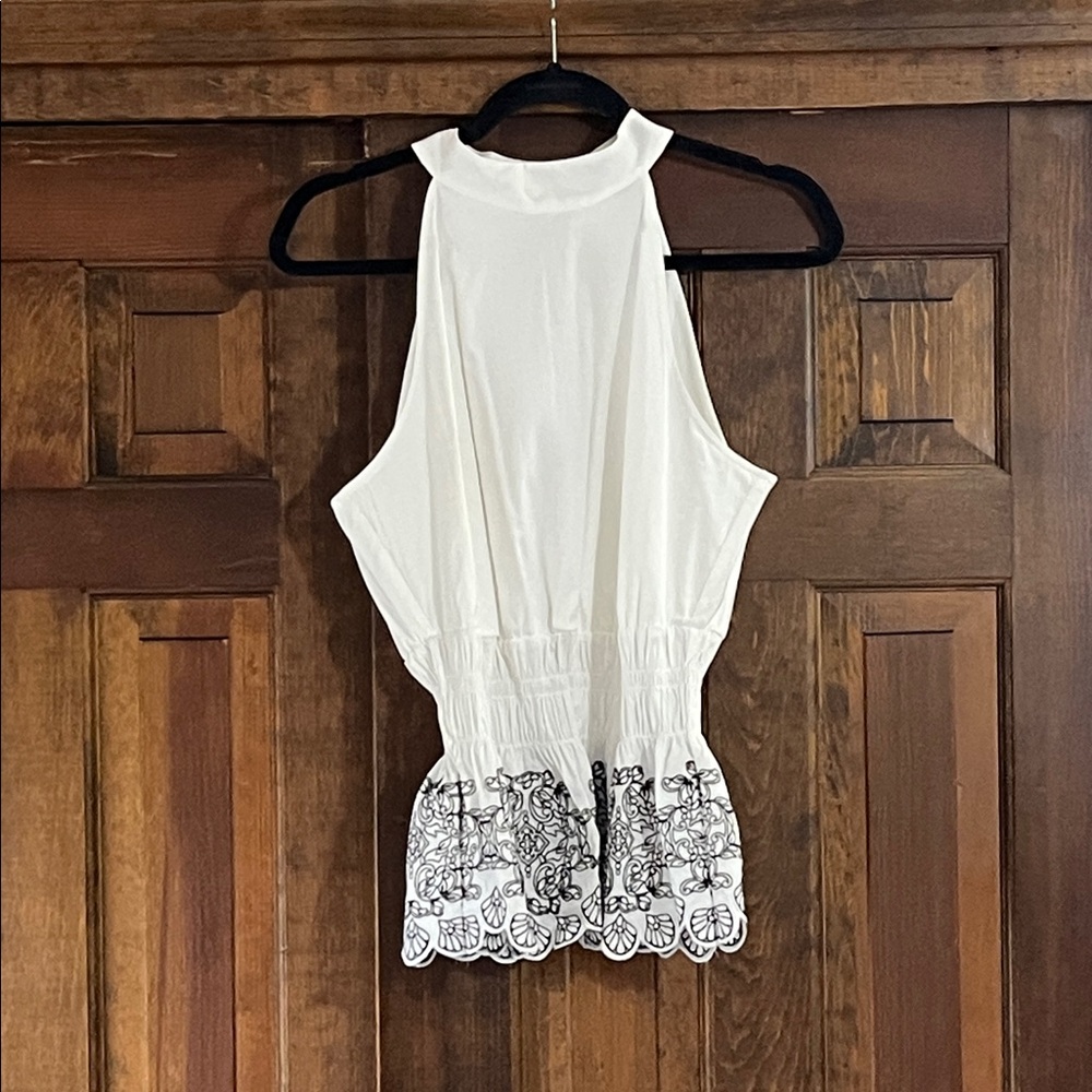 WHBM -White Sleeveless Halter Top with Black Embroidered Hem